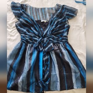 DKNYC Blue and Black Striped Sheer Silk Blouse Size 6